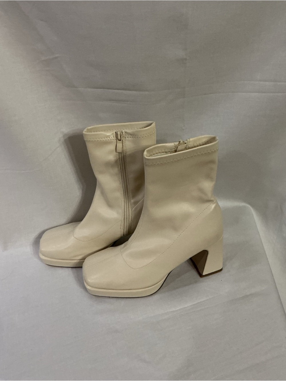 Pink Lily Cream Square-Toe Ankle Booties with Block Heel